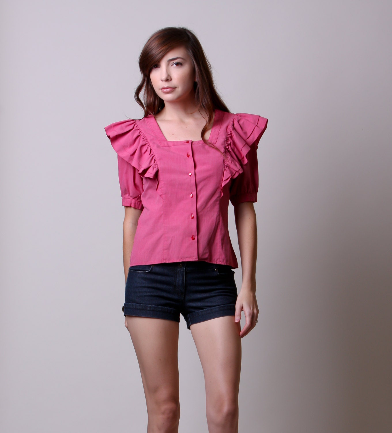 70s Blouse - Vintage Ruffle Blouse - Boho Hippy Rose Blouse - Small Medium