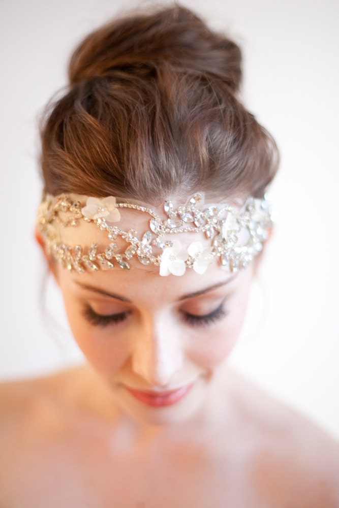 Bridal Headband, Silk, Rhinestone Headpiece, Cordelia