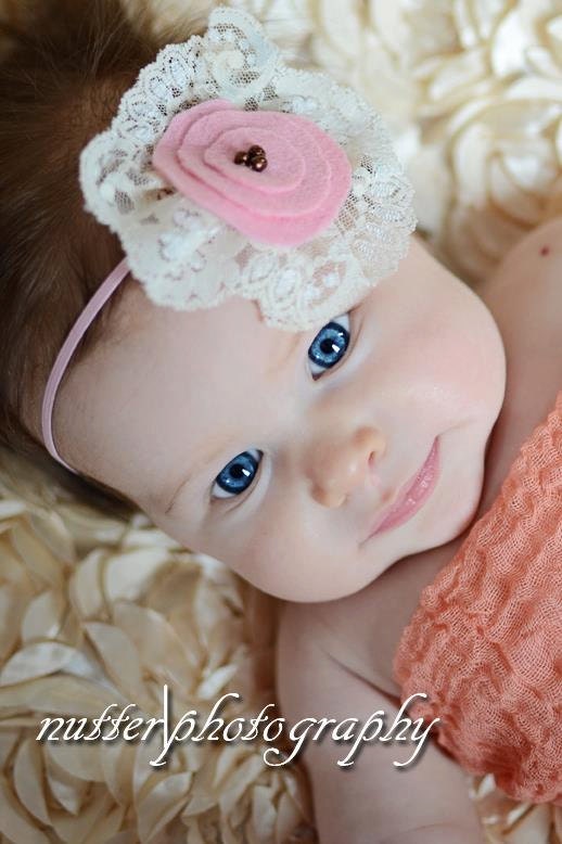 Newborn headband, Baby girl photo props, Pink baby Photography prop  pink  felt flower lace skiny elastic - ZucchiniIsland