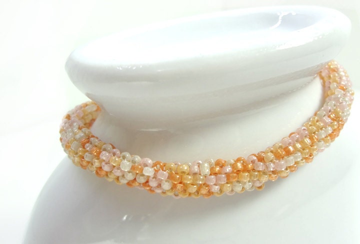 Creamsicle Orange and Cream Beaded Bangle Bracelet - MegansBeadedDesigns