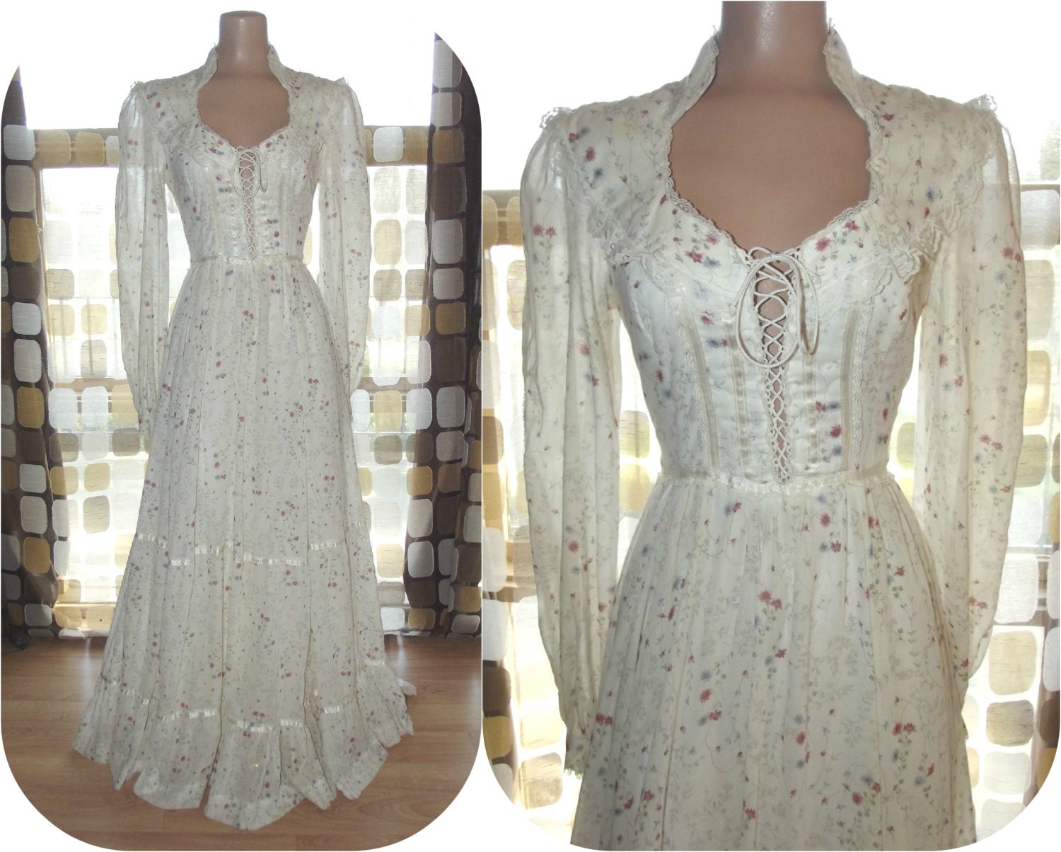 Vintage 70s Lace Up Corset Bodice Gunne Sax Prairie Maxi Dress Small BOHO Wedding Gown McClintock