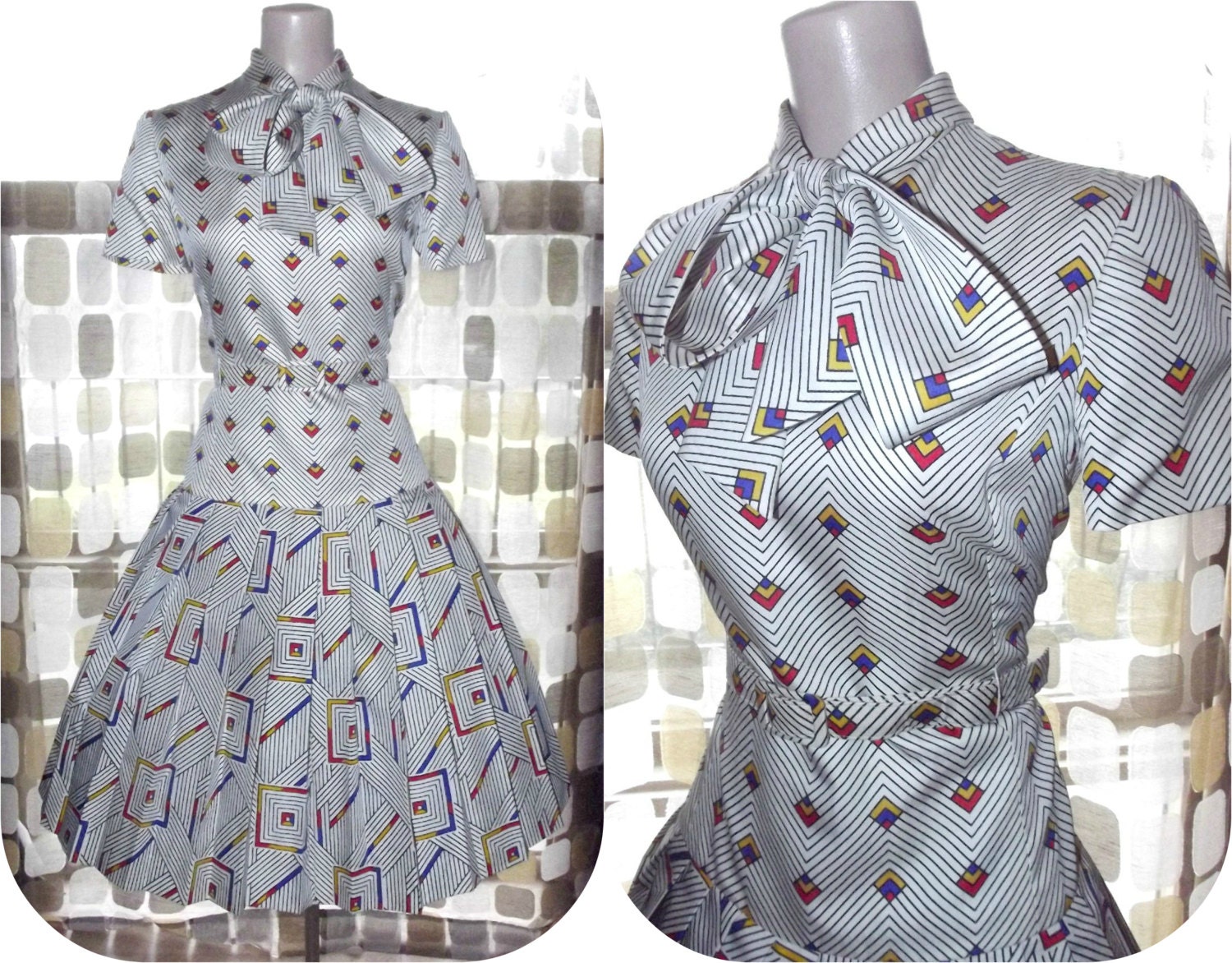 Vintage 70s 50s Full Sweep Mondrian Op-Art Dress & Blouse Set 10 Mid Century Tie Neck Secretary