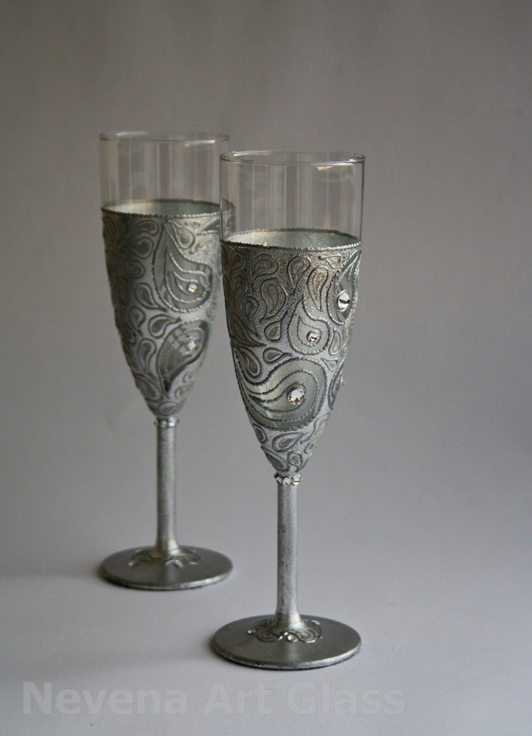 Wedding Glasses Hand Painted Silver Swarovski Crystals set of 2 Toasting Flutes Champagne Glasses