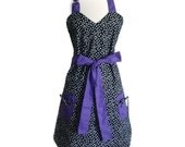 Retro Apron - Cute Black and White Polka Dot Apron with PurpleTies - Vintage Inspired Full Hostess Reversible Apron for women