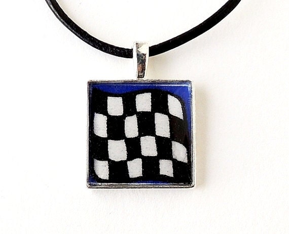 Checkered Flag Necklace, Grand Prix, Black White, Resin Jewelry
