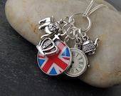 Best of British Charm Necklace UK, Union Jack Flag, Bulldog, Teapot, Pocket Watch