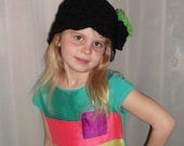 Ladies' or Girls'  Black Cloche Hat, with Black Chrysanthemum and  Bright Lime Green Chrysanthemum Pins