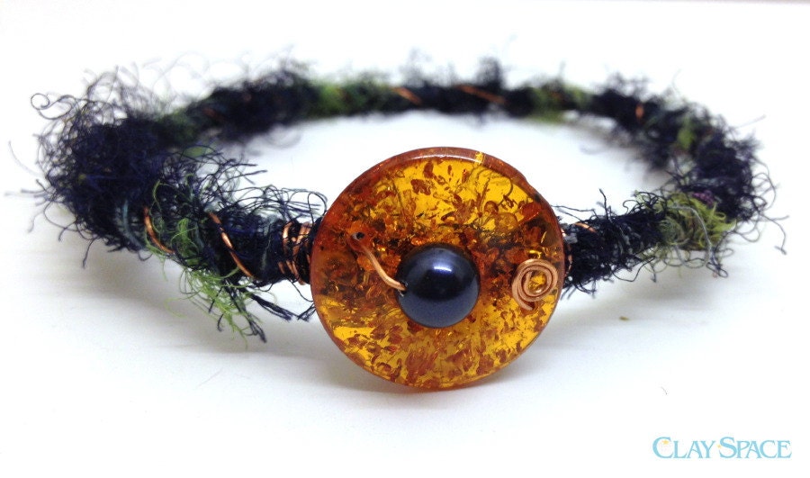 Sari Silk, Pearl, and Amber Bracelet - Blue and Gold