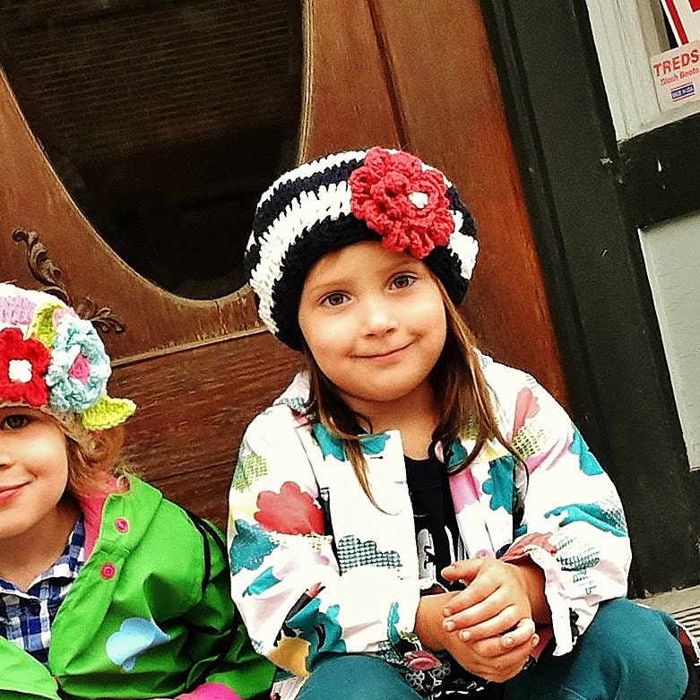Girls Hat, Crochet,Slouchy, Beret,Navy Blue, Cream, Red, Handmade, Spring, Knit, Kids, Accessories, Photo prop, Beanie, Knit, crochet