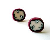 Stud earrings- burgundy red circle with smiling face- post earrings- polymer clay -millefiori- under 25