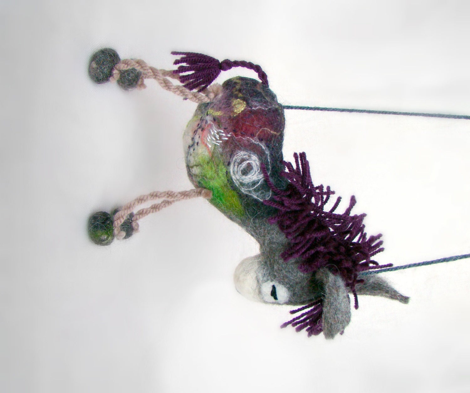 Sigizmund - Felt Donkey. Art Toy. Felted Stuffed Marionette Puppet Handmade Animals Toys. grey green purple claret red maroon MADE TO ORDER.