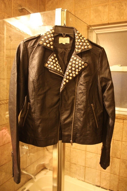 Faux Leather Reproduction Jacket Hand Studded Size Medium Punk Rock Oi Rock and Roll