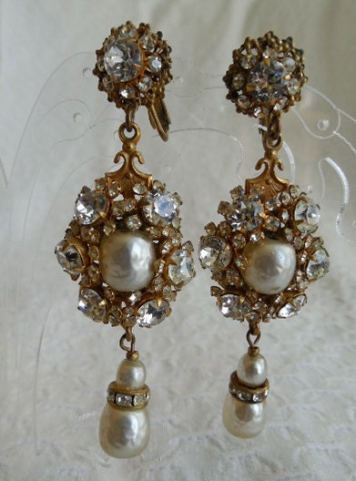 Vintage Signed Miriam Haskell Baroque Pearl & Rhinestone Drop Earrings
