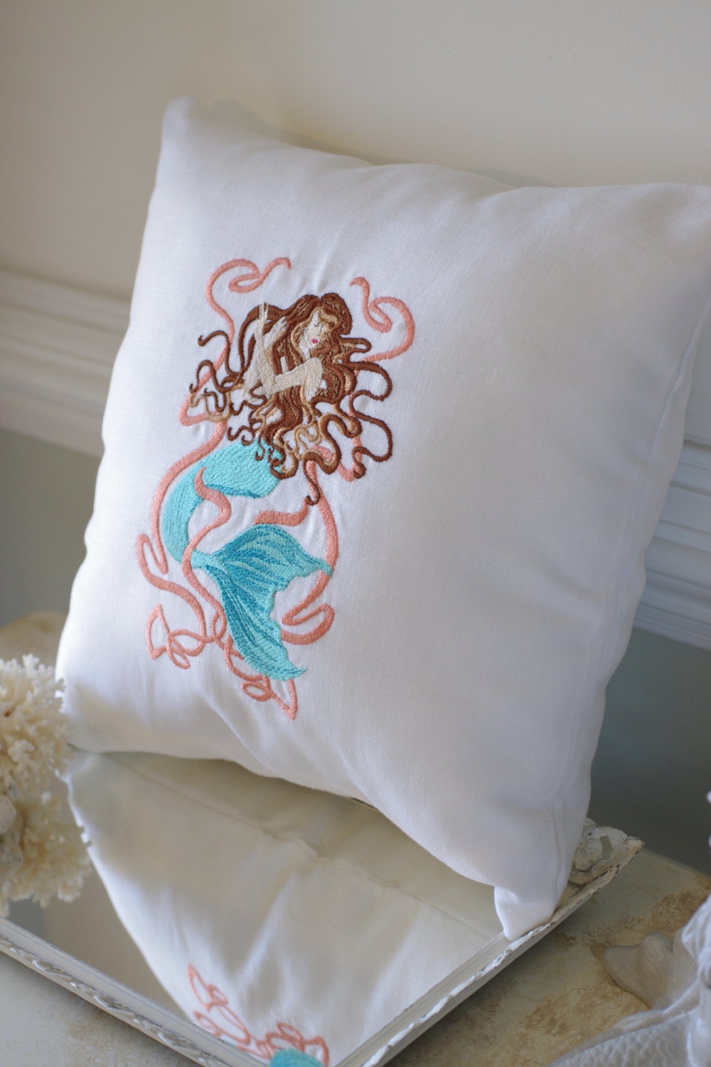 White Linen Elegant Brunette Mermaid Embroidered Pillow - 16x16 - Beach Decor
