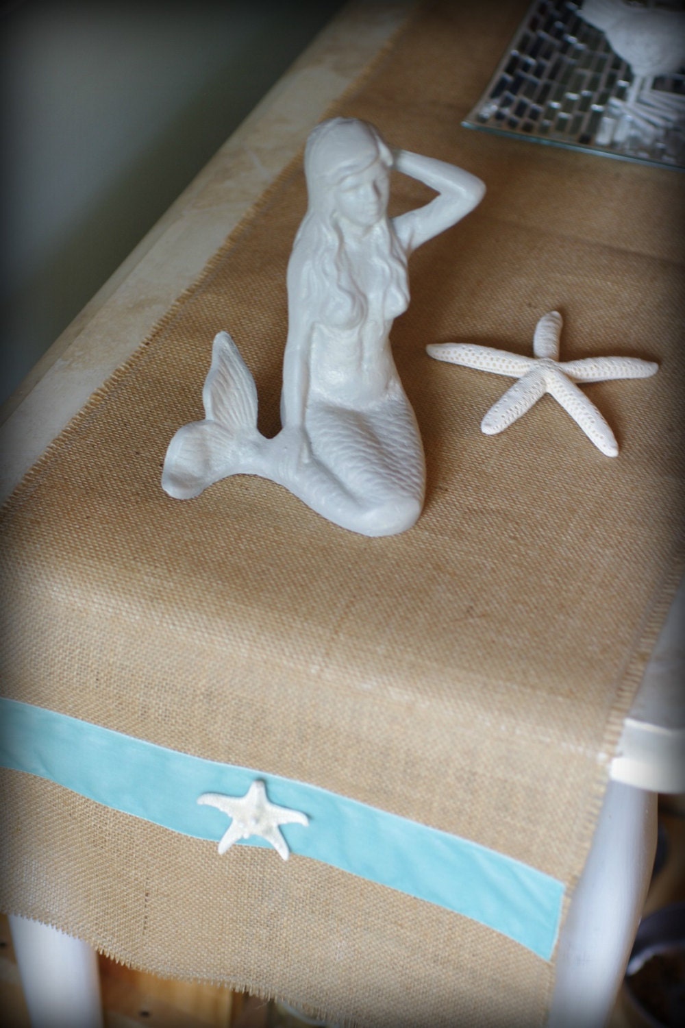 Beach Decor White or Natural Burlap Table Runner with Aqua Velvet Ribbon and White Starfish - 60" x 12" inches