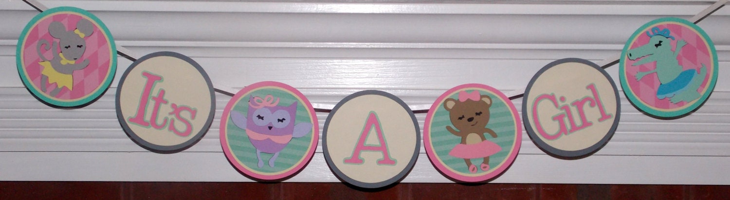 Dancing Animals It's A Girl Baby Shower Banner ... Mouse Owl Bear Alligator ... READY TO SHIP ... Pink Grey Teal ... adjustable Il_570xn
