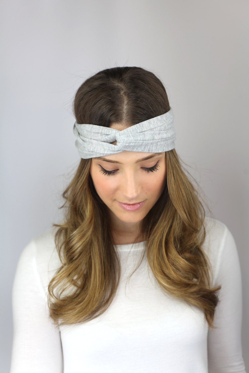 HEATHER GRAY twist turban essential workout headband, heather gray jersey headband