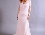 1930s dress. 30s dress. pale pink fishnet mesh evening wedding gown.