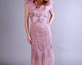 1930s dress . 30s sheer rose and robins egg blue dress with ruffle sleeves .