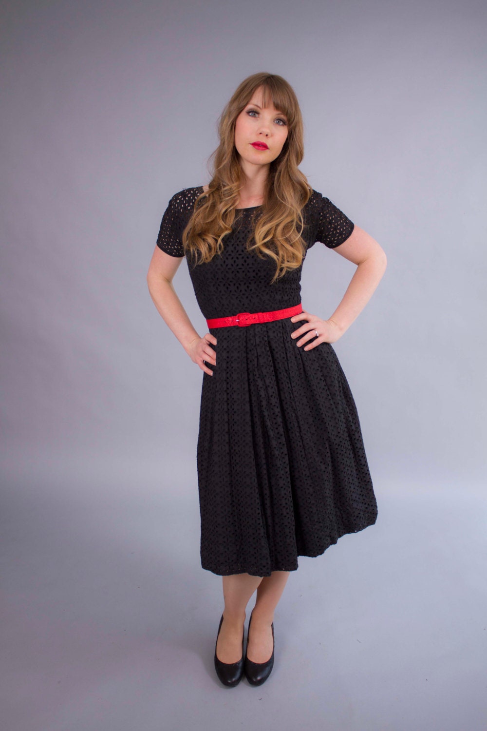 1950s dress . 50s black cotton eyelet dress . The Wear Anywhere Dress