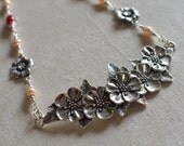 Silver Flower Bib Necklace - Genuine Baroque Pearls and Ruby chain metalwork Sakura Cherry Blossom Floral necklace Nature shabby chic