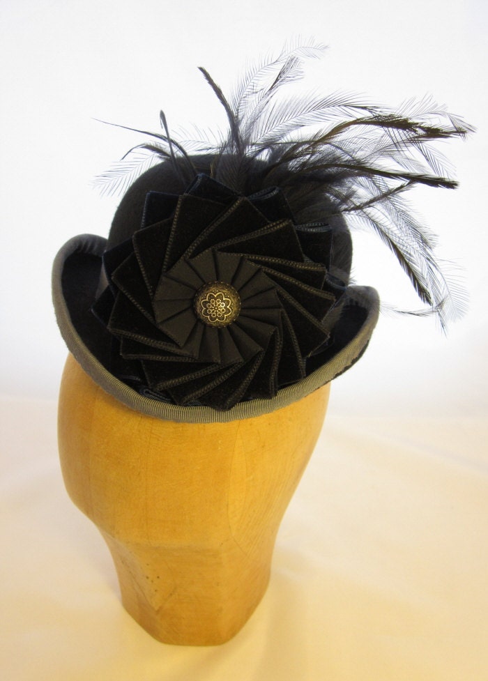 Navy Feathery Midi Bowler Hat