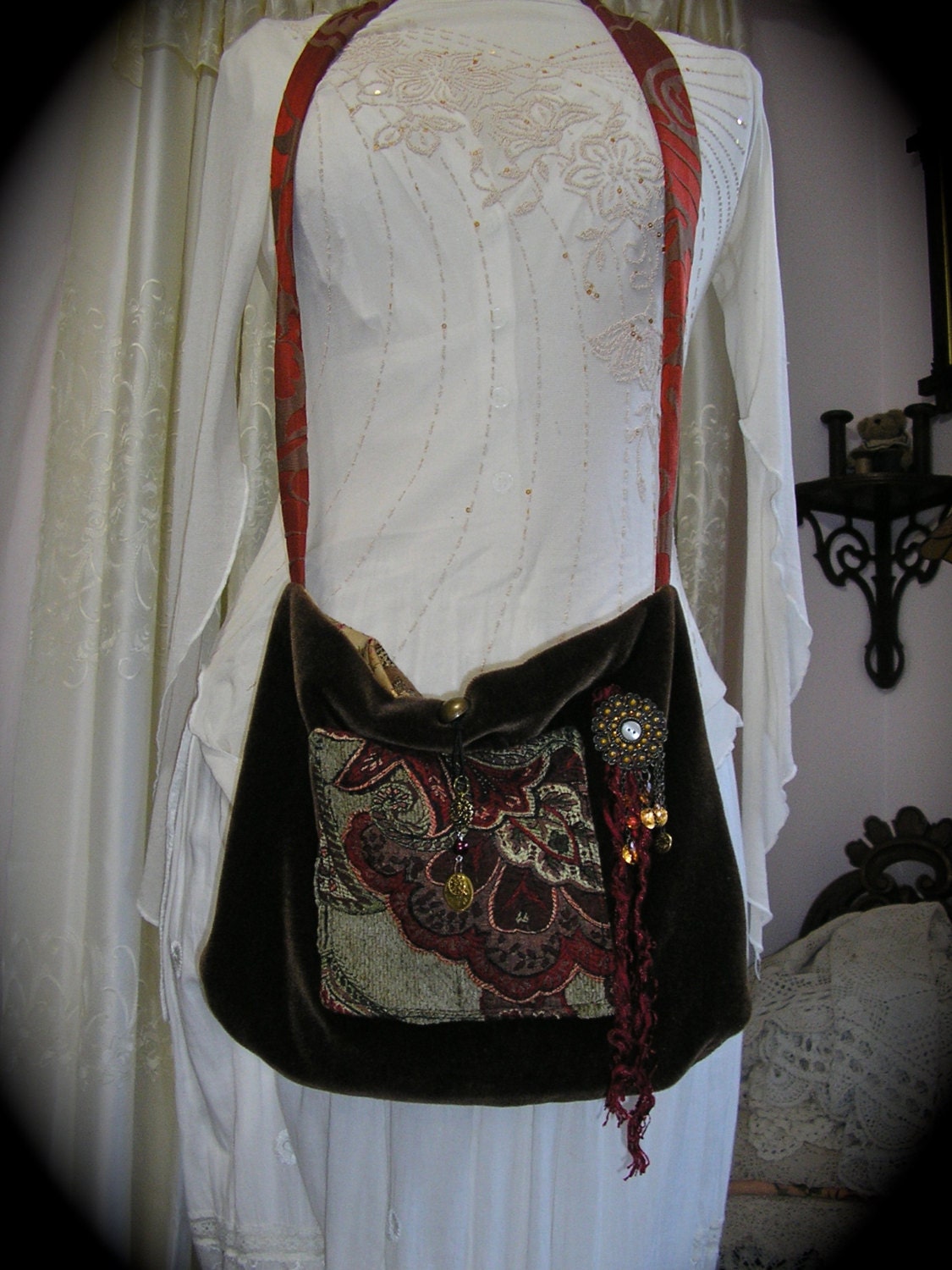 Hippie Carpet Bag, handmade Velvet Chenille Tapestry, bohemian gypsy, crossover fabric shoulder bag