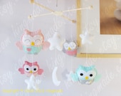 Baby Mobile - Owl Mobile - Nursery Mobile - Soft Pink Gray Turquoise Owls in a White starry night (You can pick your colors)