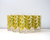 Vintage Drinking Glasses, Gold Green Leaf, Vine, Hollywood Regency Highball Tumblers, Luxe Mid Century Bar Set, Glam Barware