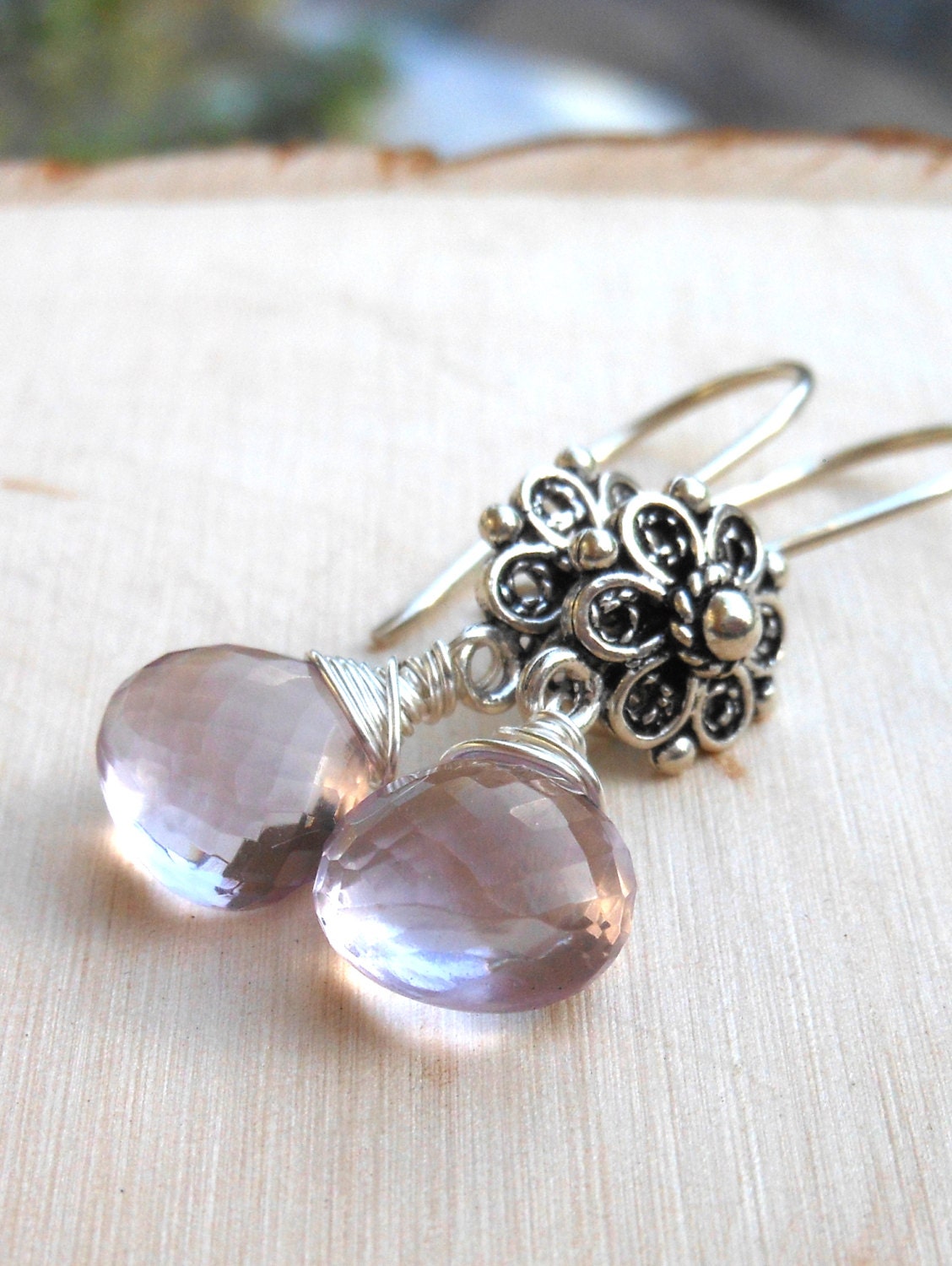 Pink Amethyst Drop Earrings Sterling Silver Wire Wrapped Semi-precious gemstone earrings