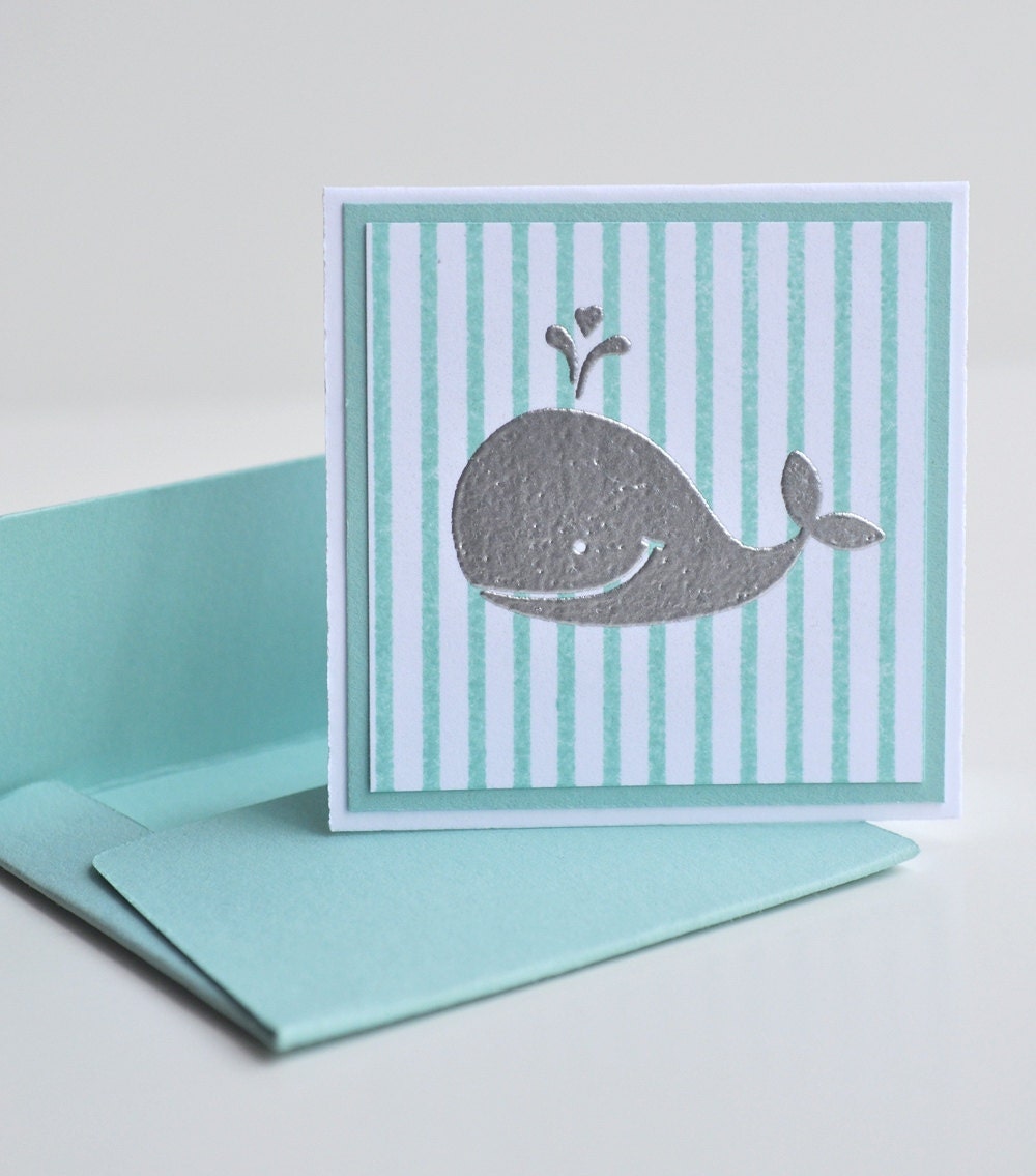 Silver Embossed Whale with Stripes 2" x 2" Mini Cards Set of 10 in Pool Blue Hand Stamped