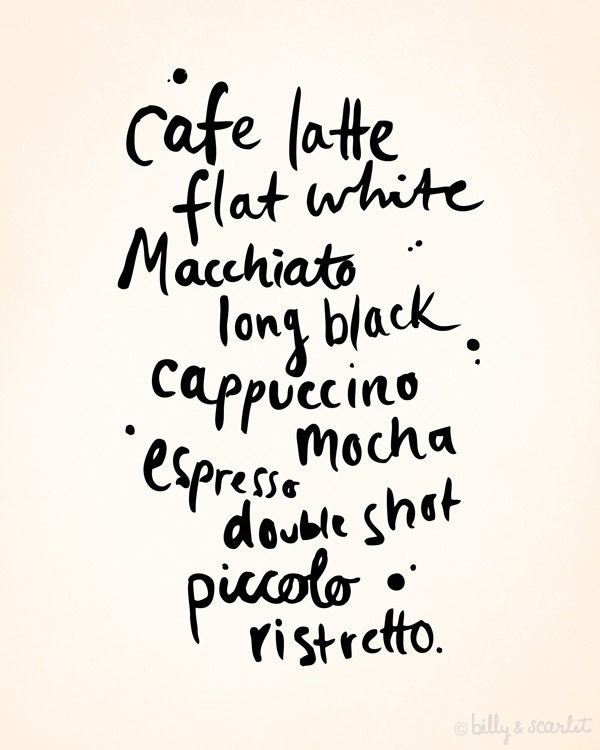 Coffee Art Print 8x10, Different types of coffee, Ink illustration handwritten typography, Cafe Decor