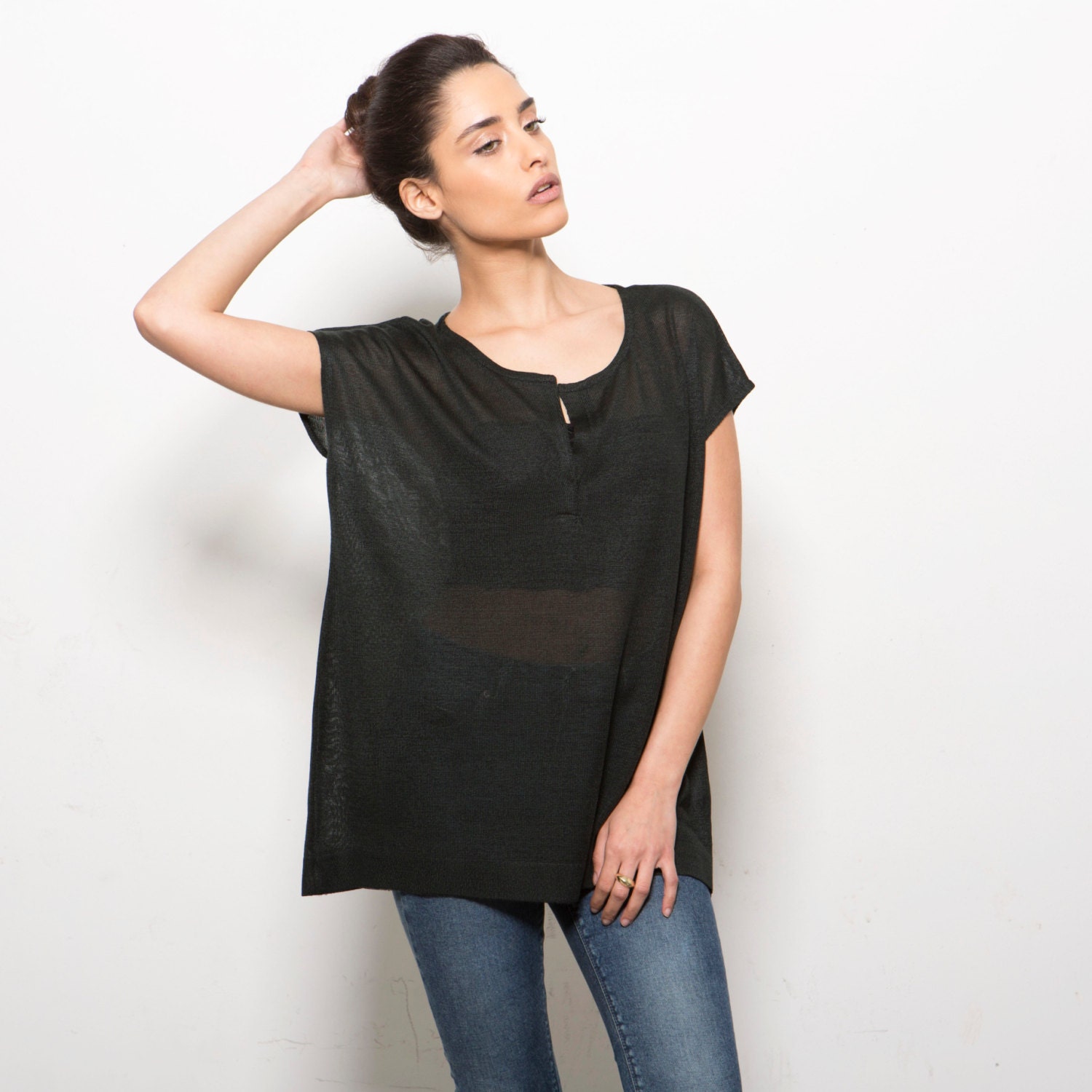 Black woman Tshirt blouse, knitted dark green round neck blouse, women black tunic with v neck