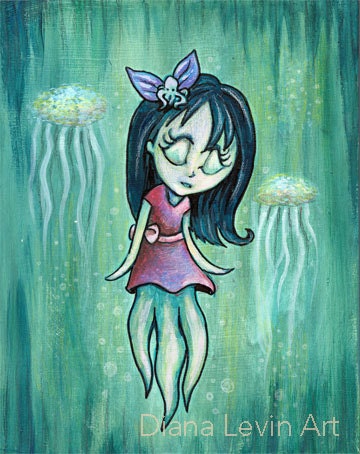Squid Girl Oddity -Fantasy Art Print -Octopus Lady swimming with Jellyfish
