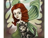 Fairy Print - Redhead Girl and Husky Puppy--FANTASY ART PRINT
