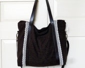 Diaper Bag - Brown Cotton - Lace Edge  - 3 Pockets - Adjustable Straps - Large Size in Recycled Fabric