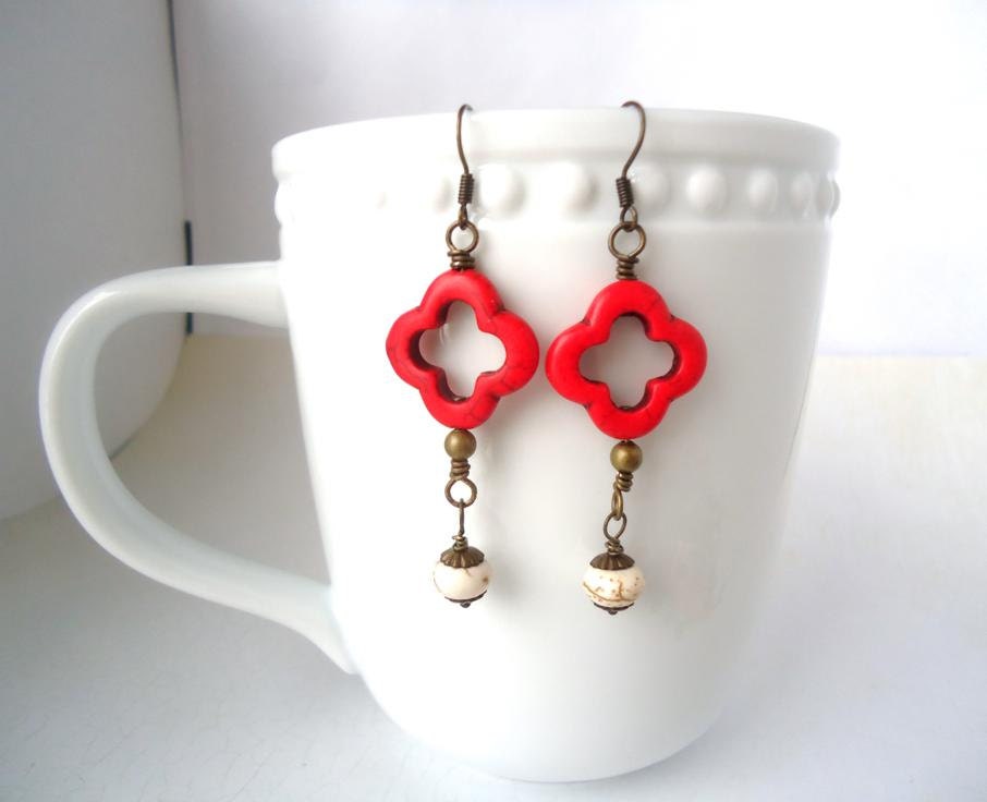 Red Quatrefoil Earrings, Red Clover Earrings, Alhambra, Flower Earrings, Modern Earrings, Long Dangle Earrings