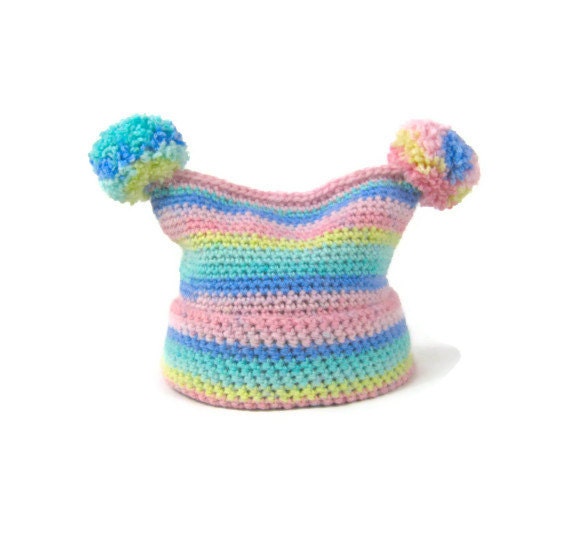 Crochet baby hat jester hat baby pom pom hat sugar pastel striped baby beanie in ice cream shades 0 - 3 months
