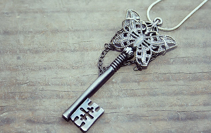 Gunmetal Butterfly Key Necklace