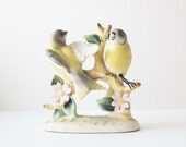 Vintage Ceramic Japan Hand Painted Orioles Bird  Figurine Delicate Spring Blossoms Home Decor Yellow Gray Pink Green