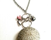Handmade Romantic Silver Chain Necklace With Sweet Pink Polymer Clay Rose, Heart, And Bling