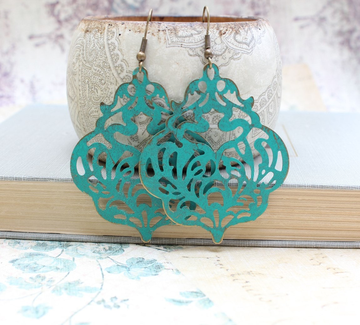 Large Patina Earrings, Teal Filigree Dangle Earrings, Large Drop Lacy Blue Aqua, Verdigris, Turquoise, Rustic, Patina Jewelry, Boho Chic