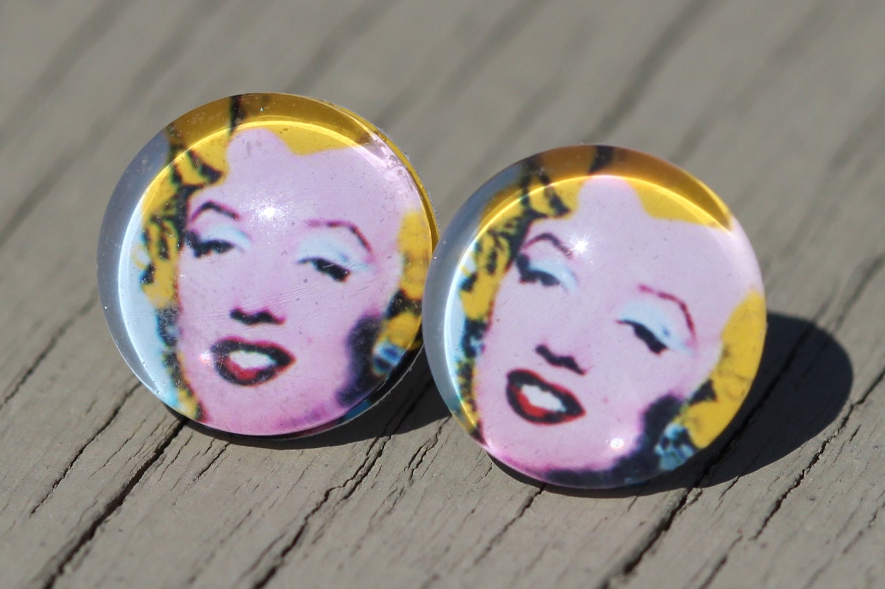 Fake Plugs, Pop Art Studs : Marilyn Monroe, Andy Warhol Yellow and Pink Stud Earrings, Summer, ArtisanTree