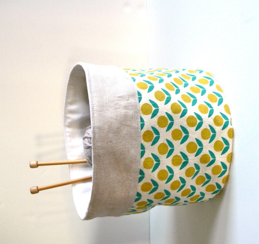 Fabric Bucket -- Scandinavian Flowers in Green and Yellow with Linen -- Ready to Ship