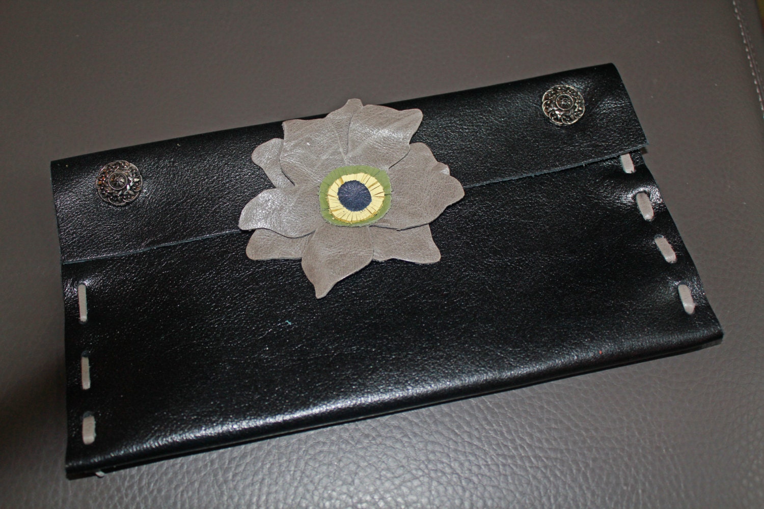 Gray, Black, Navy, Yellow and Green Leather Flower Clutch Handbag