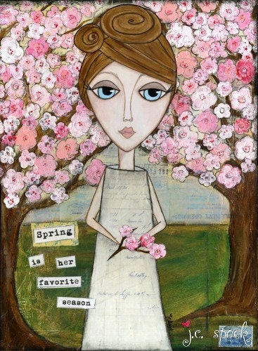 Mixed Media Art: Spring Girl 8x10 print - Whimsical Art, Folk Art, Inspirational Art, Wall Art, Girl Art - pink, green, cherry blossoms