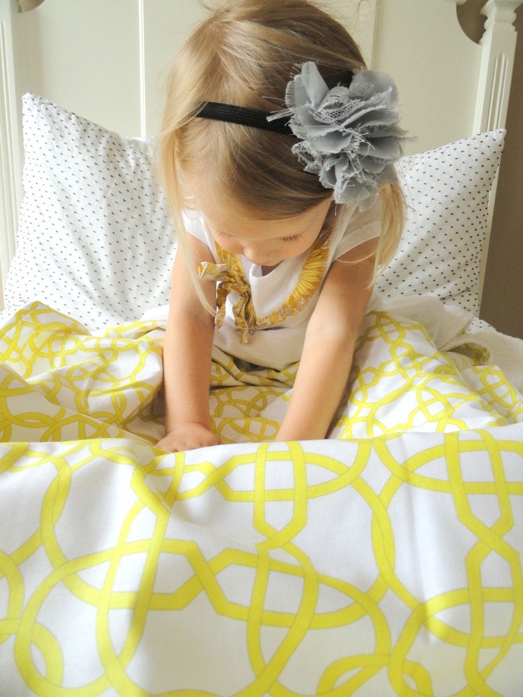 Handmade Baby Blanket -  Reversible Wicker in Citrus  - Cynthia Rowley Yellow Baby Blanket - Minky in White
