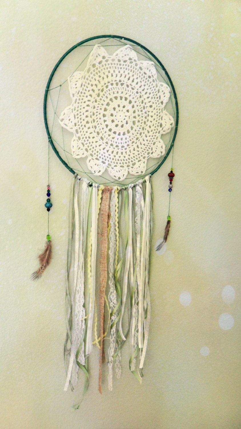 Lace Doily Dreamcatcher, Emerald Green Hippie Wall Hanging