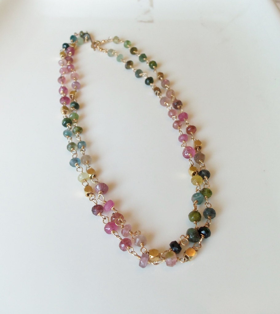 Long Necklace with Tourmaline Gemstones Wire Wrapped with 14kt Gold Fill