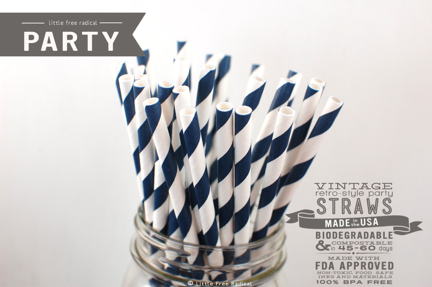 25 Navy Striped Biodegradable Paper Straws  & Digital Flags - Party - Birthday - Baby Shower - Wedding
